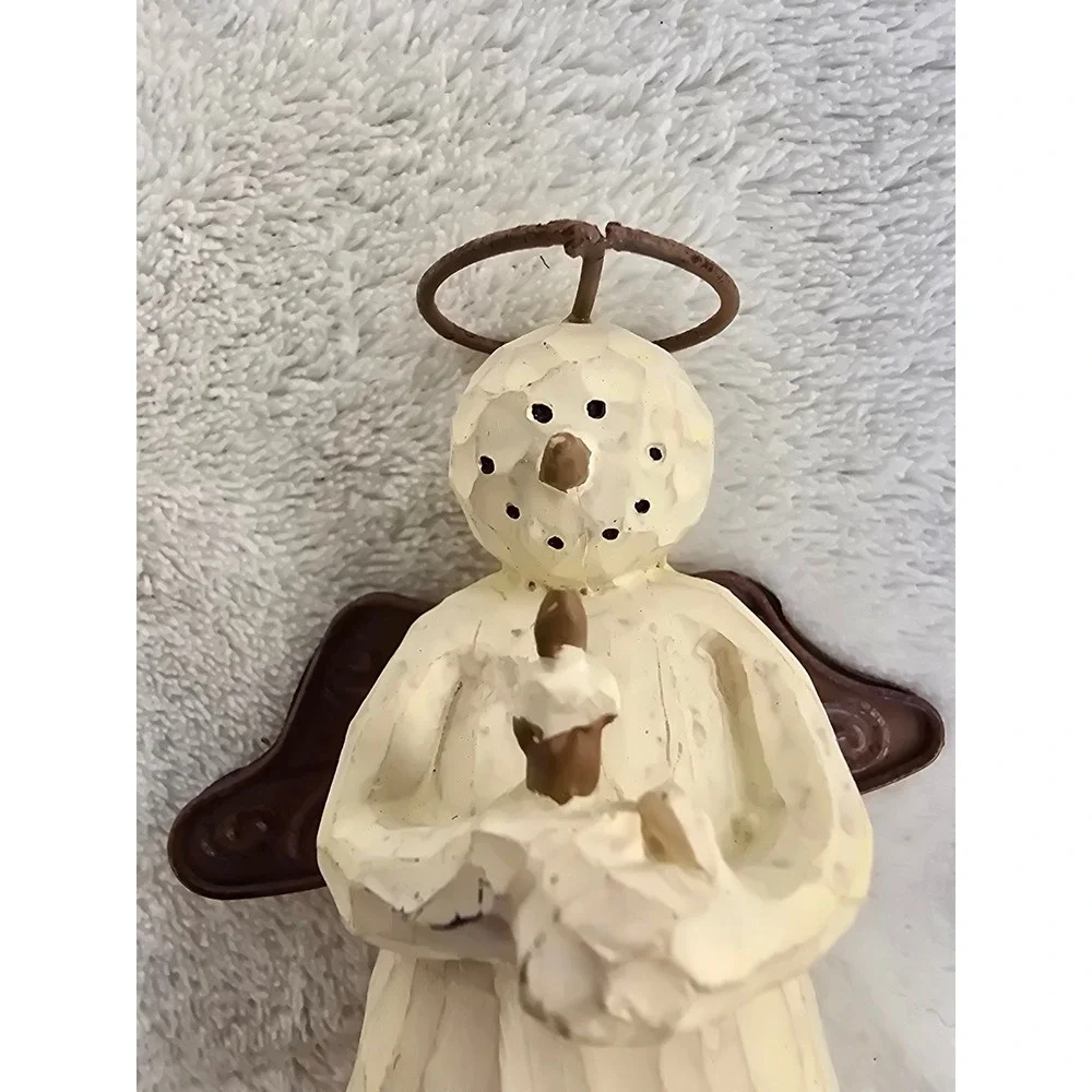 Rustic Snowman Angel Figurine with Metal Wings and Musical Notes Cream 6 inch